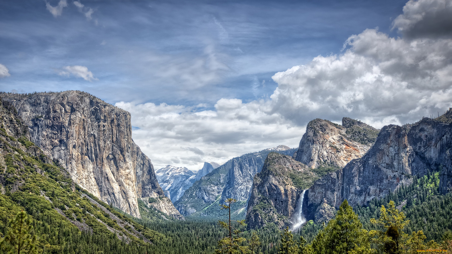 природа, горы, облака, водопад