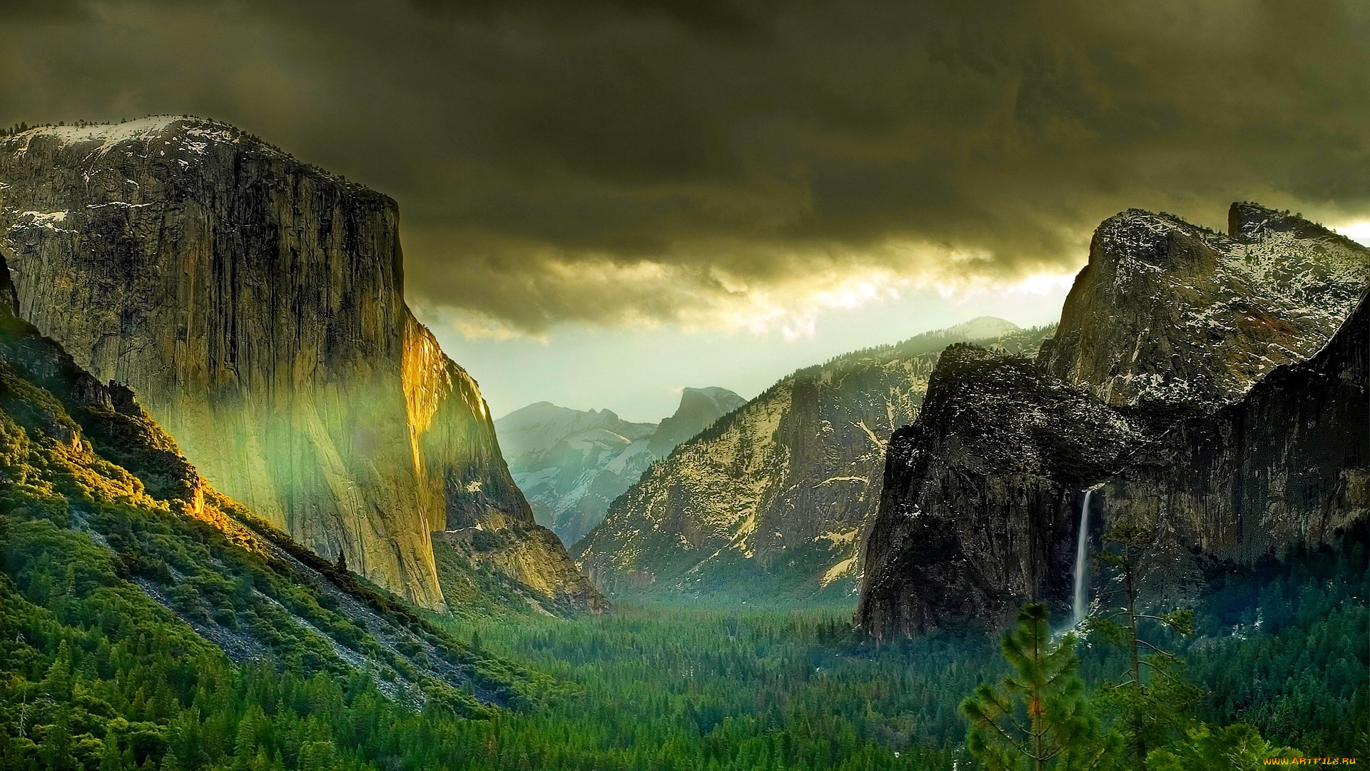 природа, горы, yosemite, national, park, лес, тучи