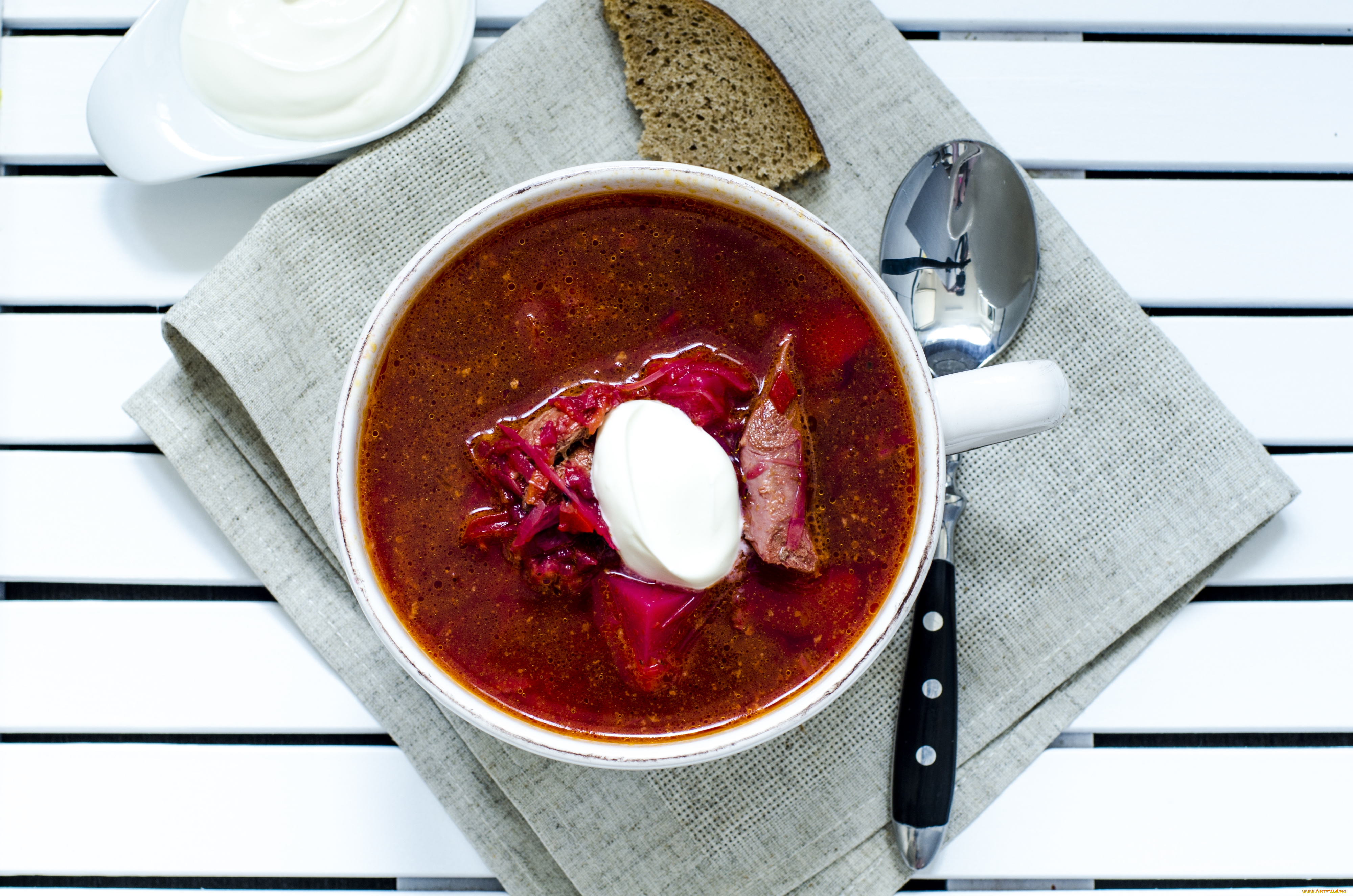 еда, первые, блюда, красный, борщ, сметана, хлеб