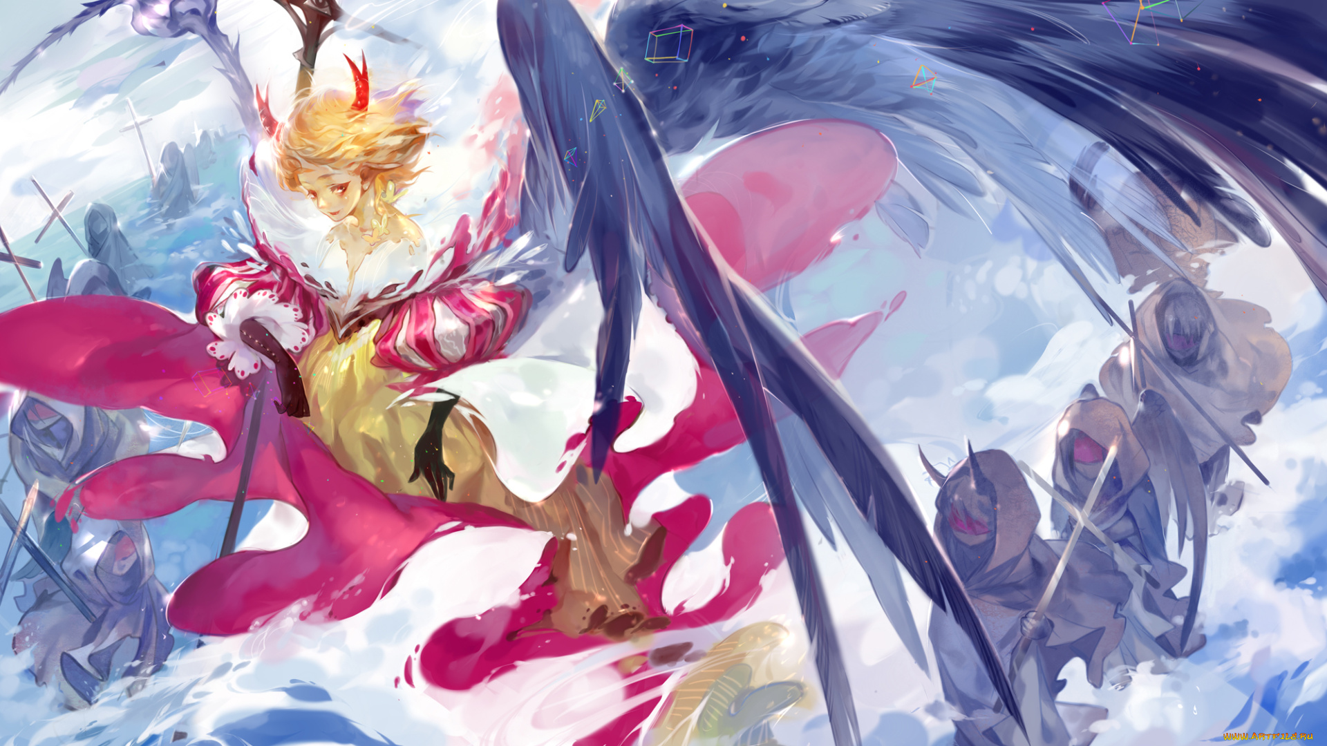 аниме, -angels, &, demons, существо, крест, платье, рога, крылья, посох