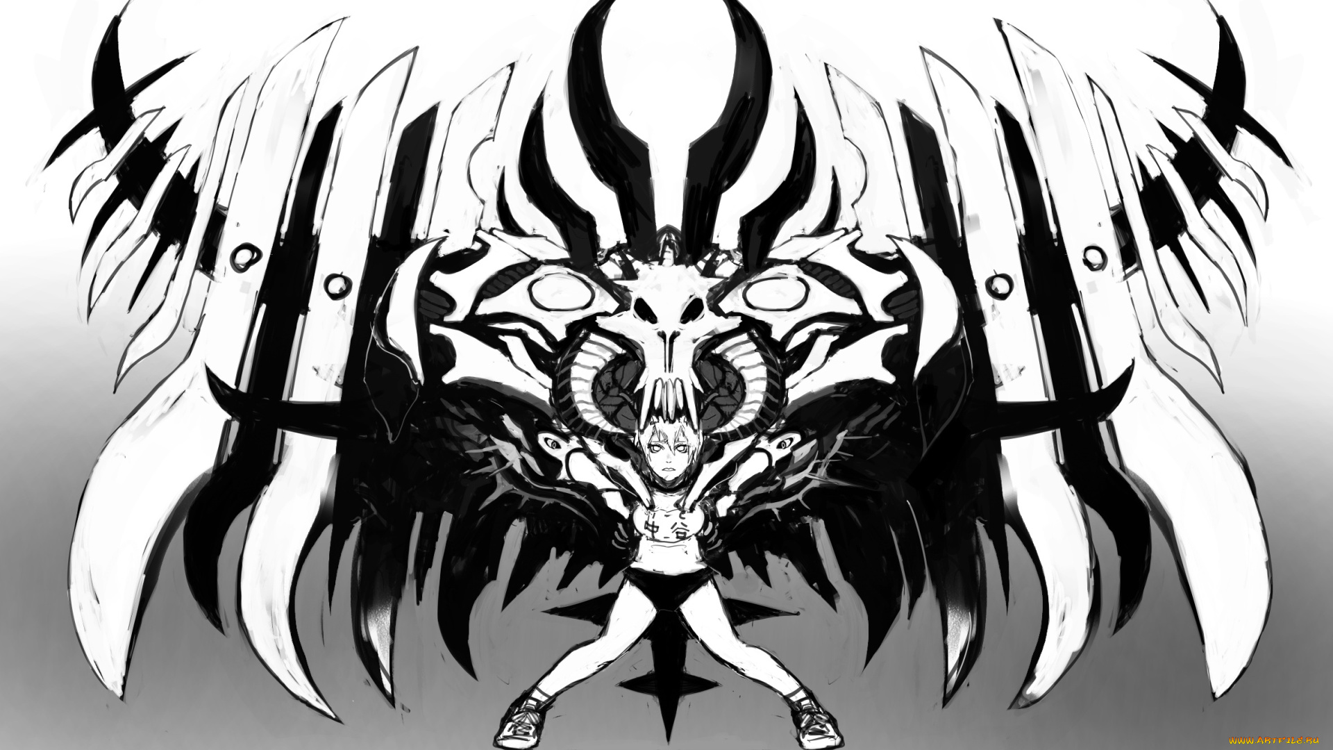 аниме, -weapon, , blood, &, technology, монохромное, череп, девушка