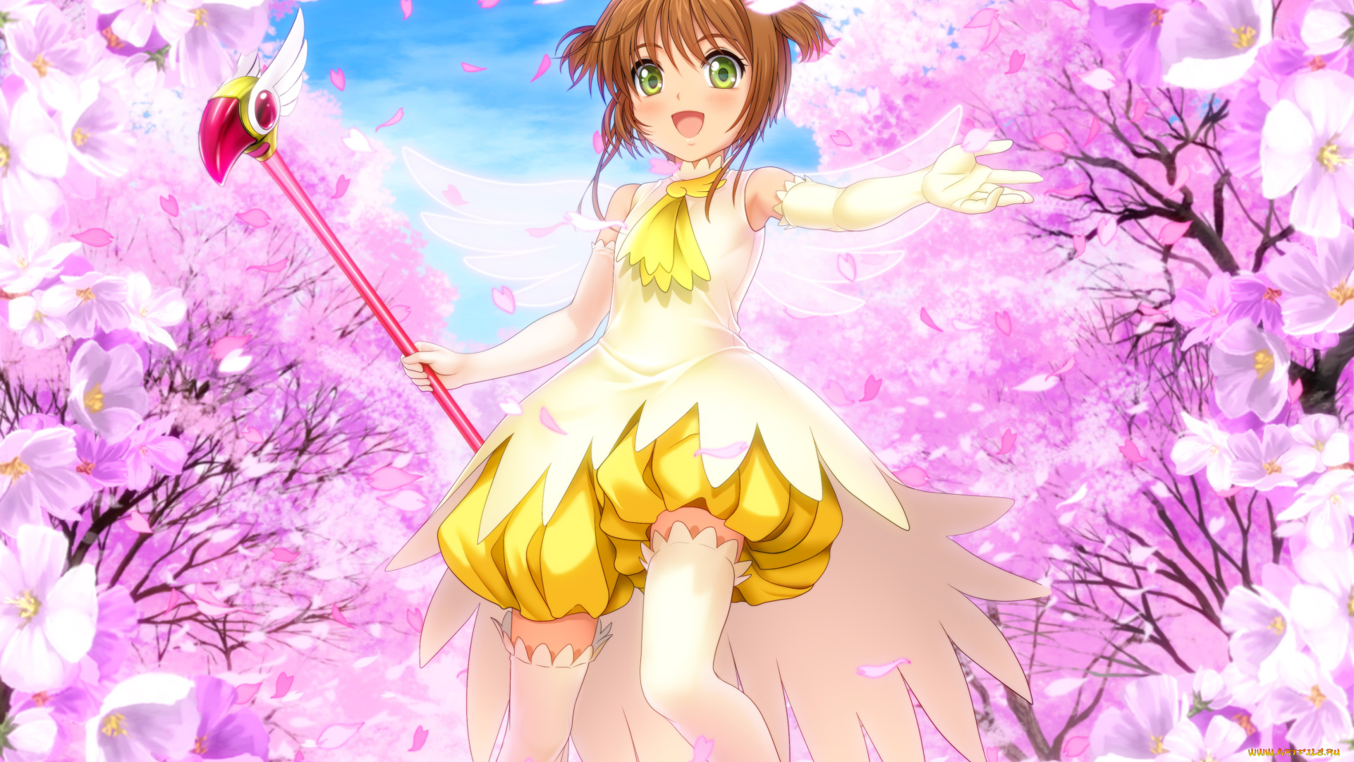 аниме, card, captor, sakura, сакура, цветущие, деревья, лепестки, улыбка, девочка, цветы, жёлтое, платье