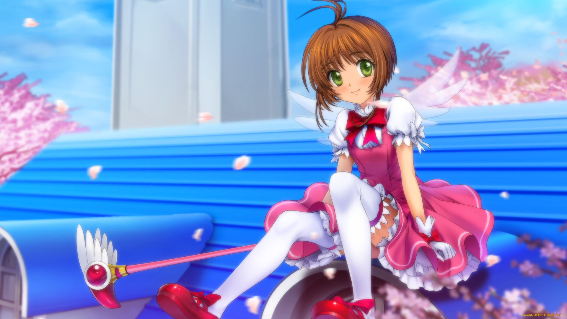 аниме, card, captor, sakura, сидит, крылья, девочка, крыша