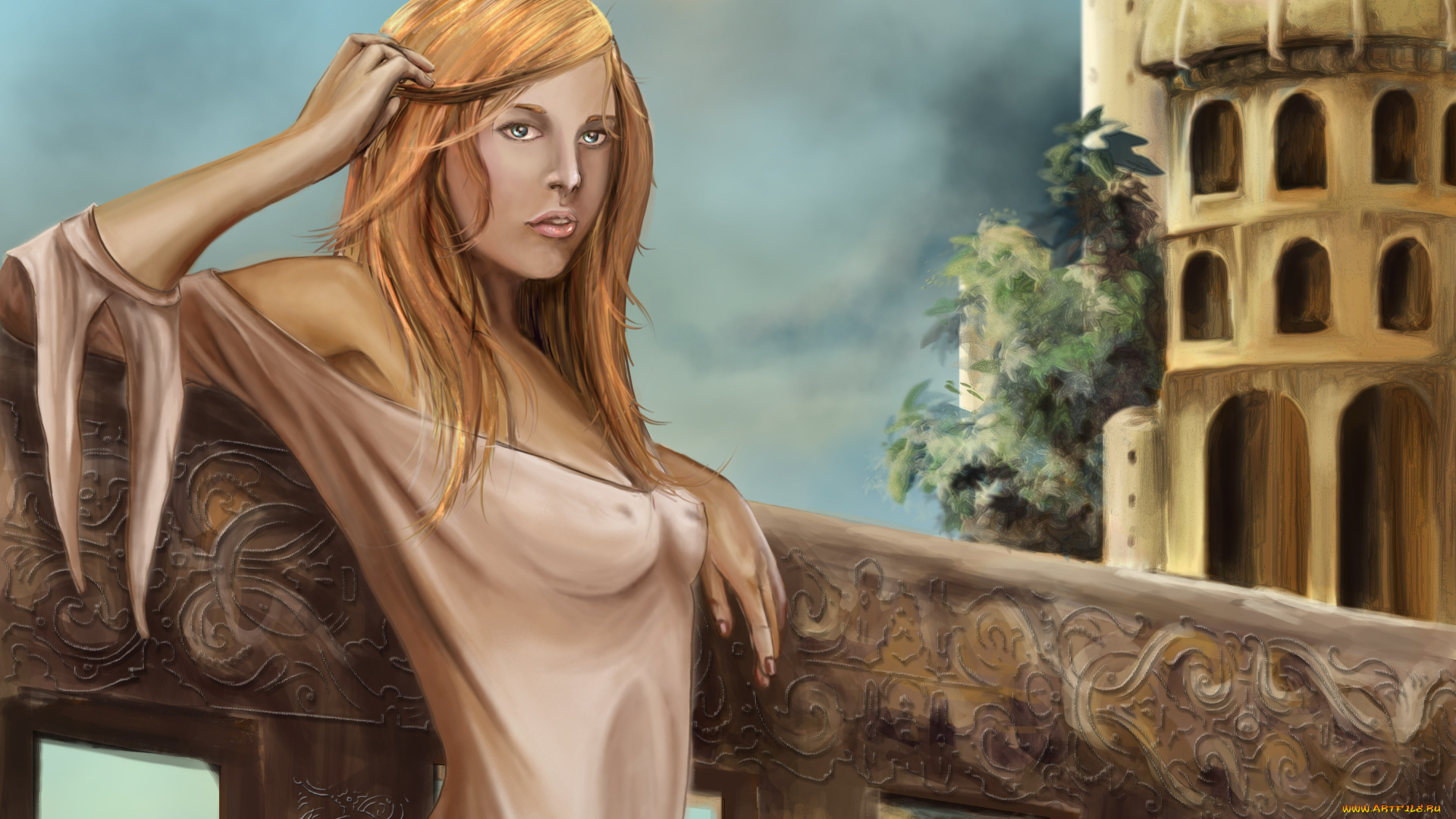 фэнтези, девушки, купол, здание, мост, девушка