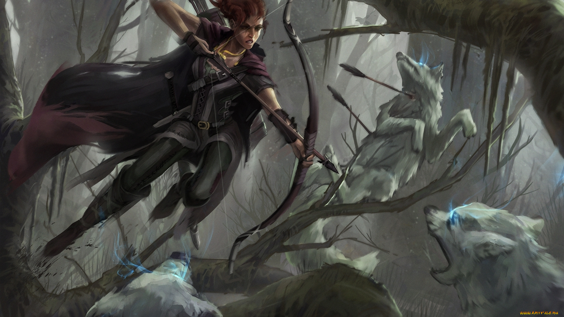 фэнтези, красавицы, и, чудовища, лучник, воин, девушка, атака, волки, лес