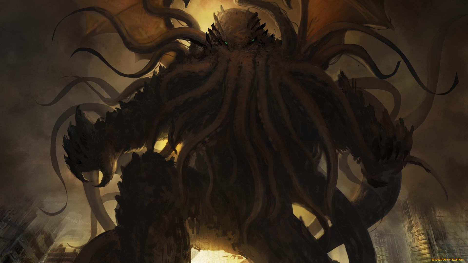 фэнтези, существа, чудовище, город, монстр, разрушения, ктулху