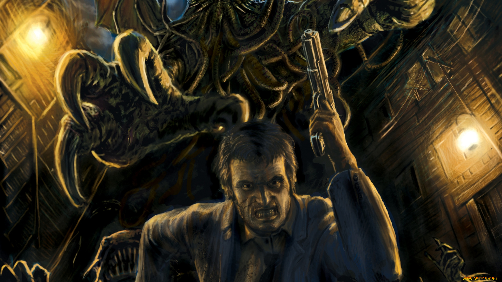 фэнтези, существа, чудовище, пистолет, монстр, ктулху, погоня, мужчина