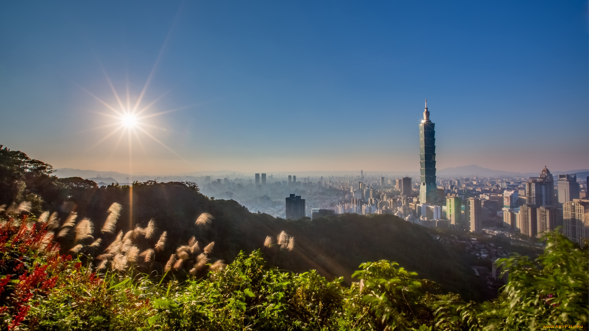 города, тайбэй, , тайвань, солнце, башня