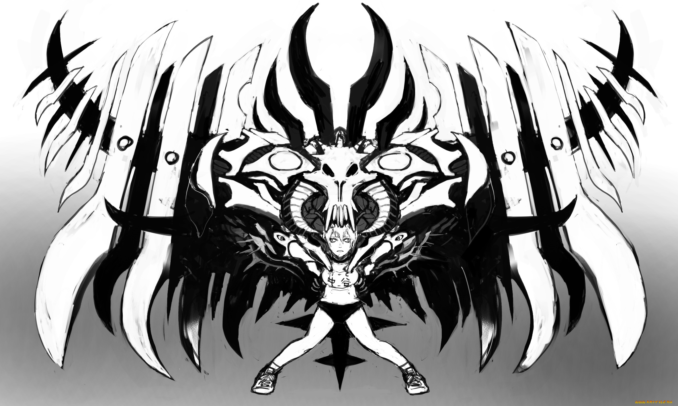 аниме, -weapon, , blood, &, technology, монохромное, череп, девушка