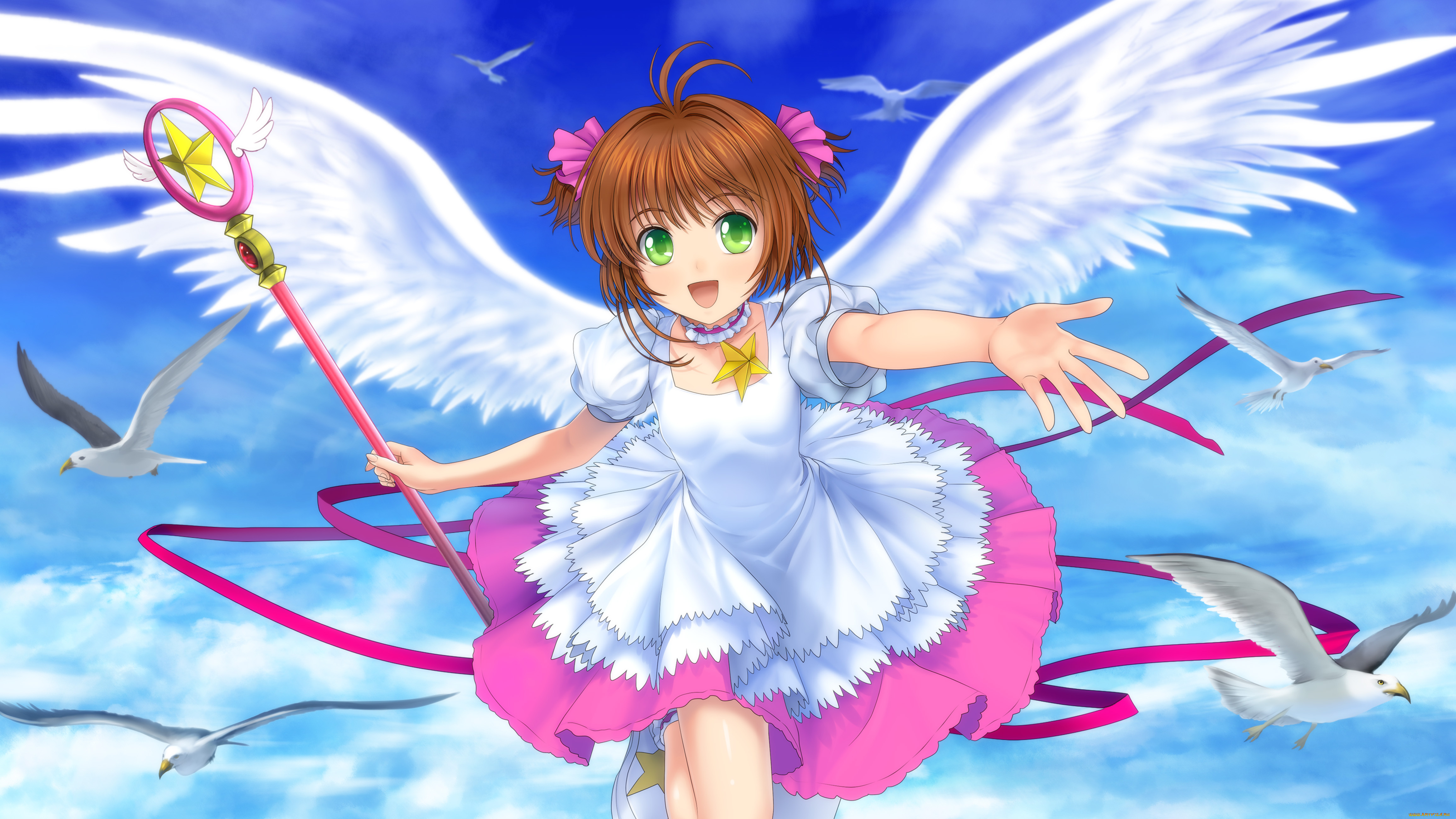 аниме, card, captor, sakura, улыбка, посох, звезда, ангел, крылья, платье, птицы, небо, девочка