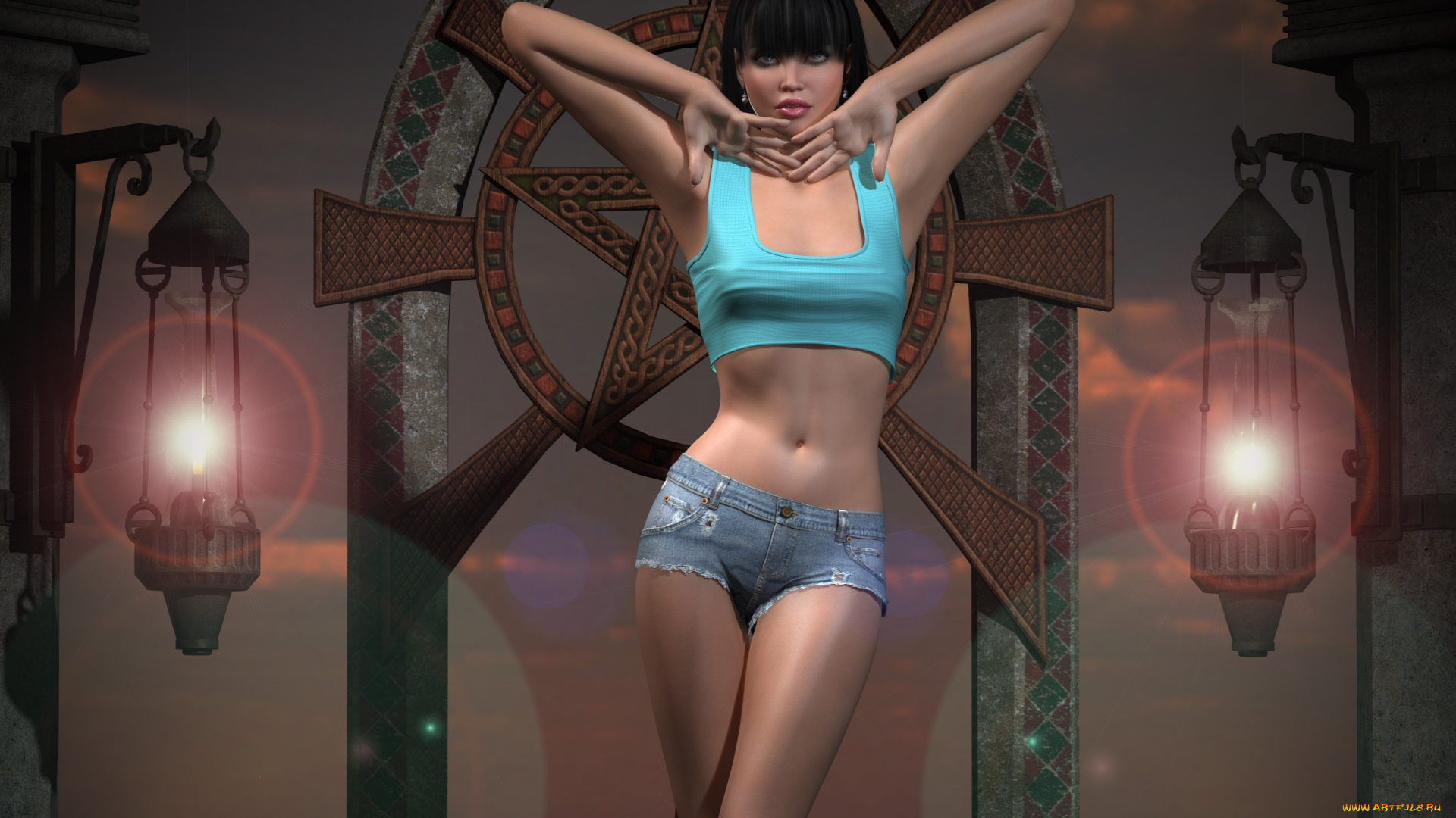 3д, графика, люди, , people, поза, символ, шорты, фонари, фон, взгляд, девушка