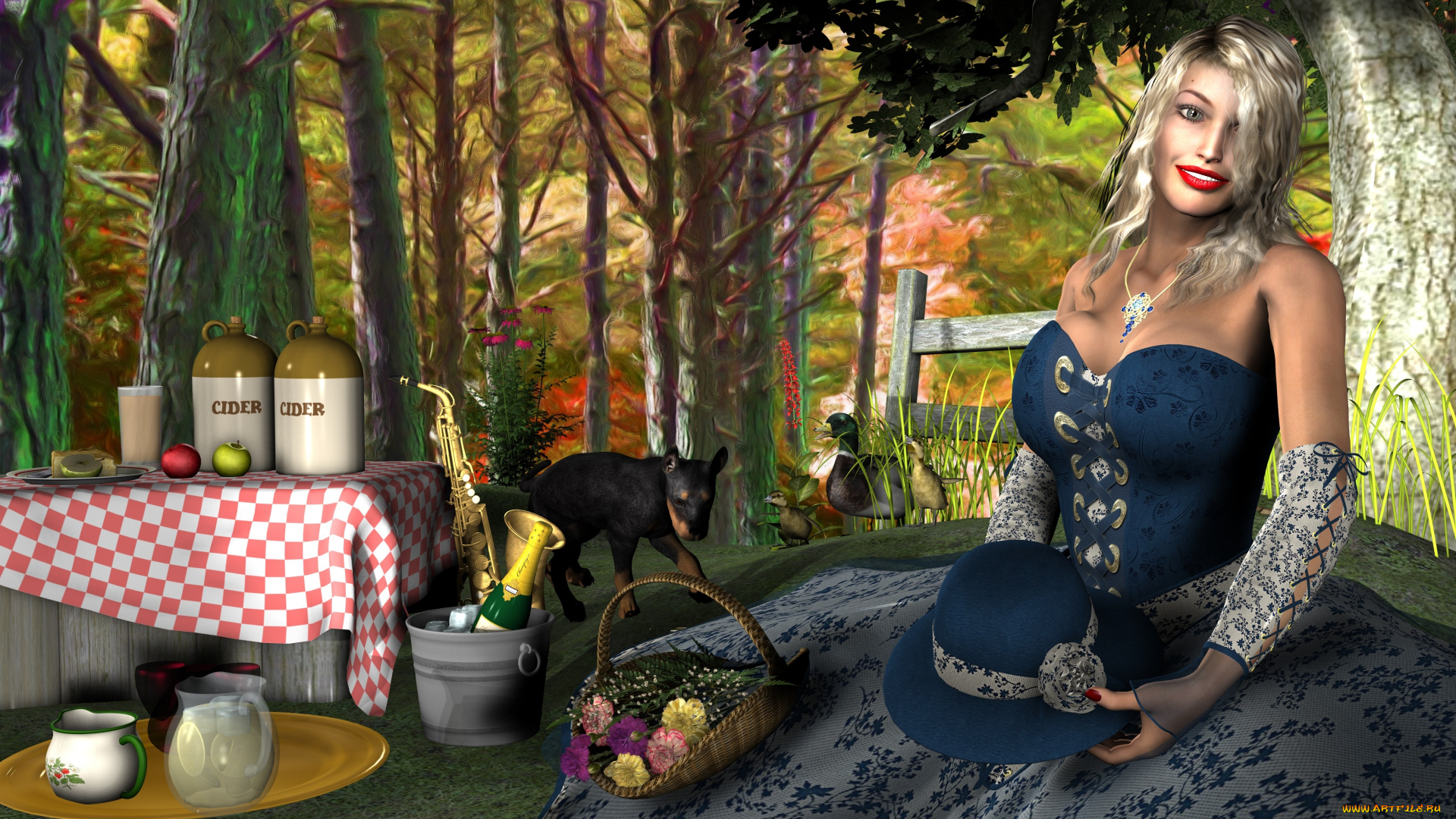3д, графика, люди, , people, щенок, шляпа, цветы, улыбка, утки, лес, шампанское, фон, взгляд, девушка