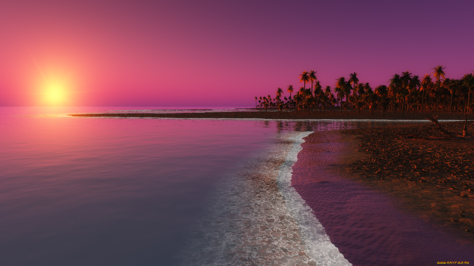 3д, графика, природа, , nature, море, закат, пальмы, небо