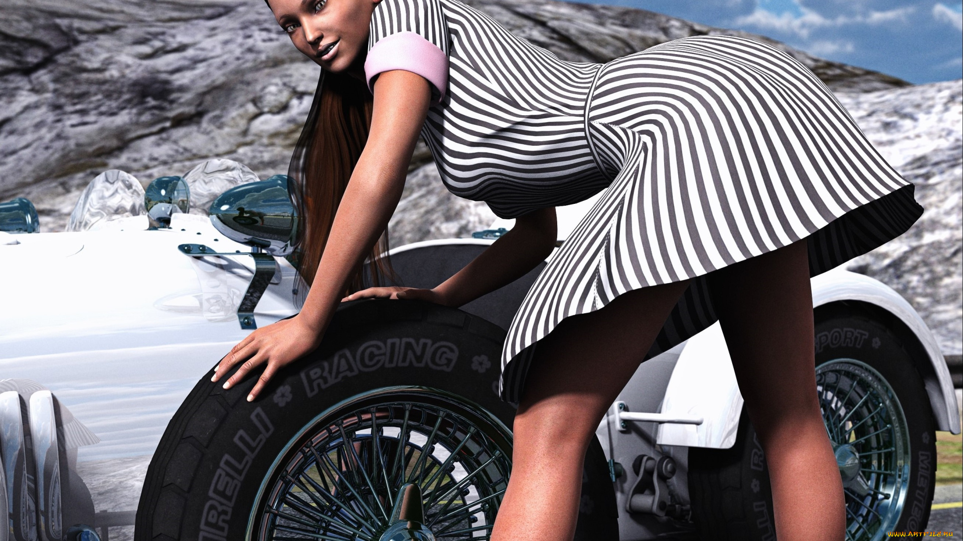 автомобили, 3d, car&girl, девушка, колесо, автомобиль, фон, взгляд