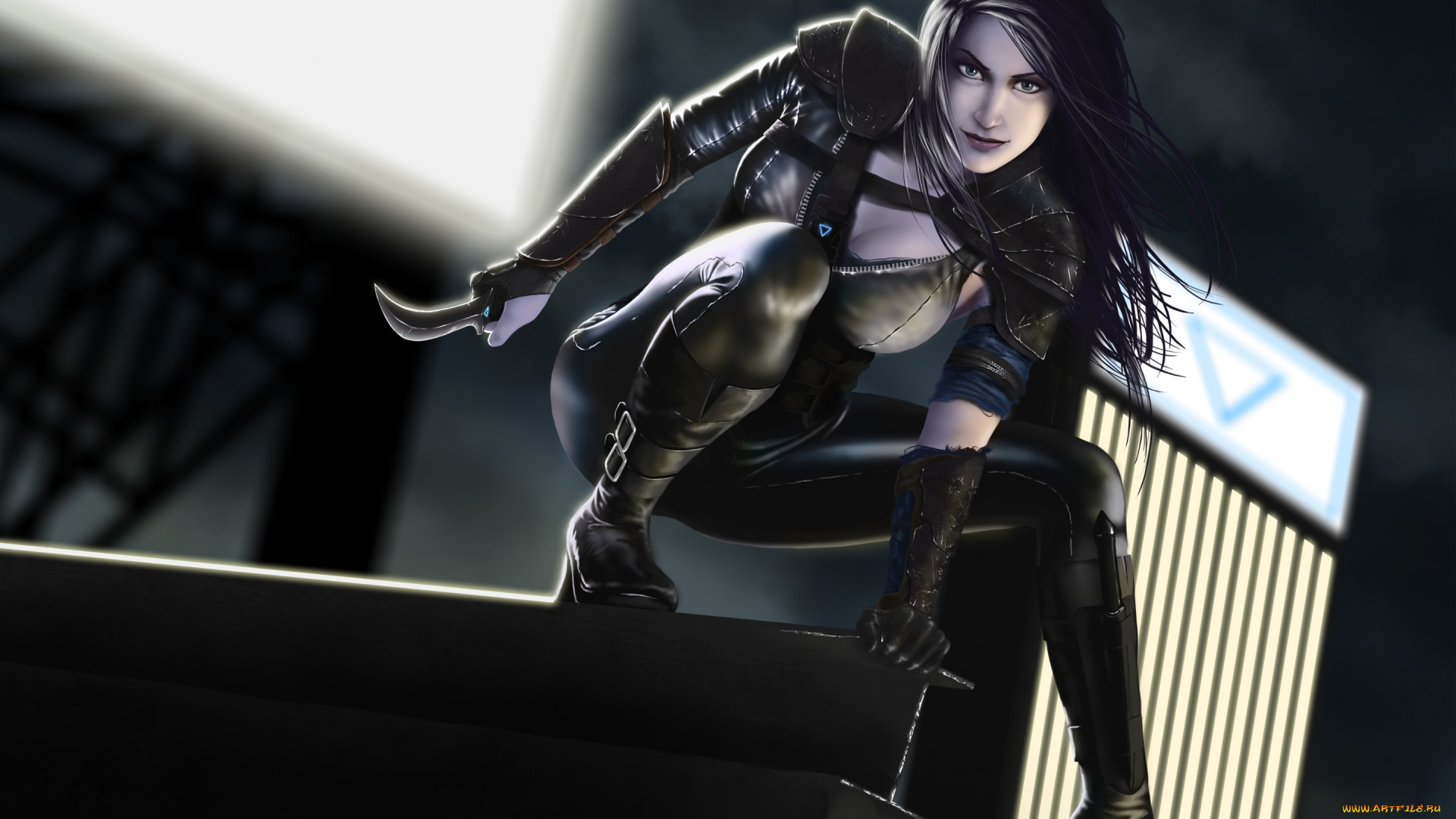 фэнтези, девушки, ночь, девушка, убийца, арт, взгляд, крыша, брюнетка, нож