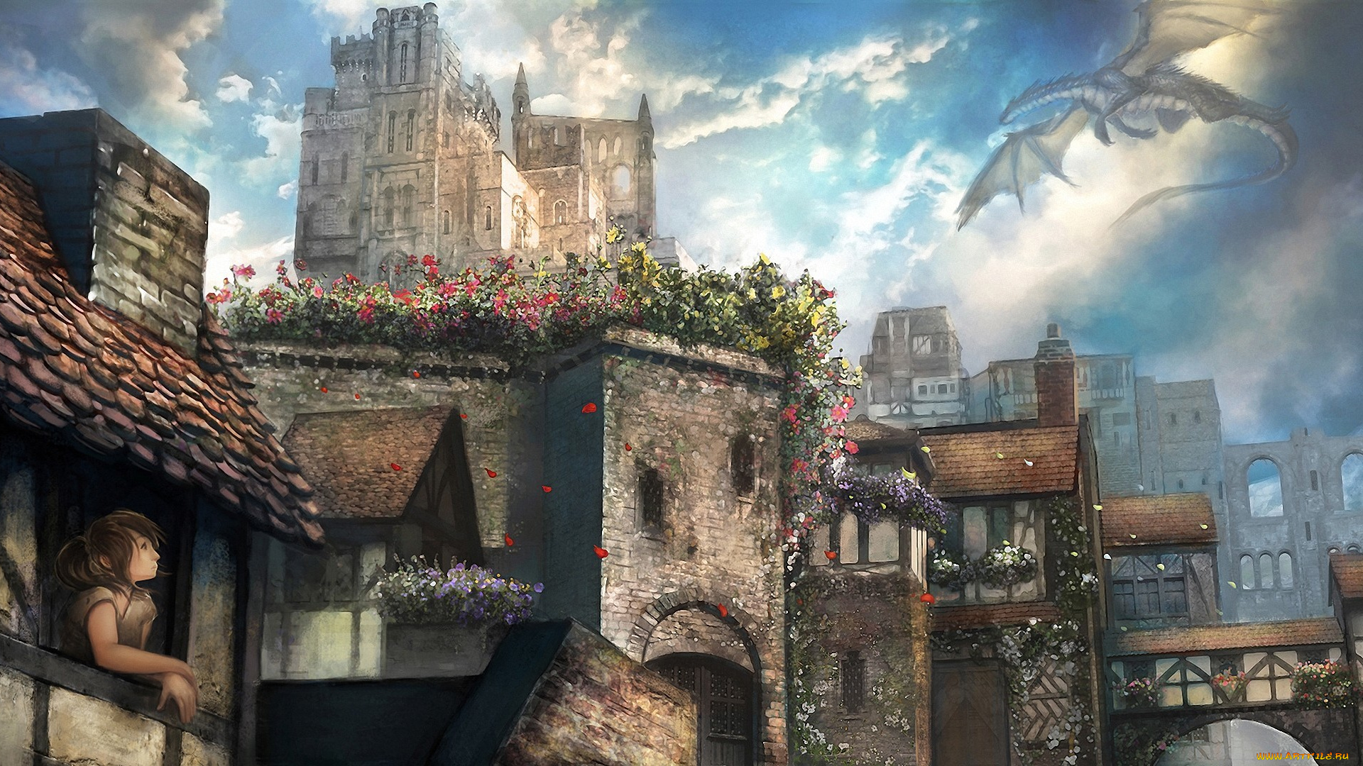 фэнтези, драконы, цветы, девушка, полет, дракон, окно, город, арт