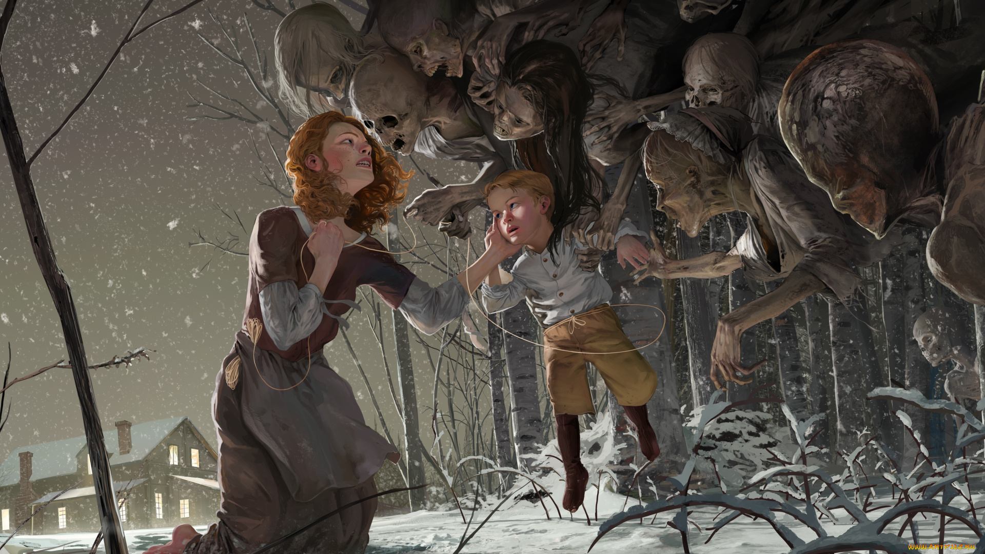 рисованное, -, другое, зомби, зима, лес, снег, ребенок, мать