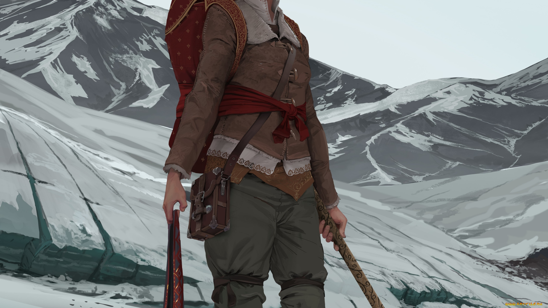 рисованное, люди, снег, горы, фон, взгляд, девушка