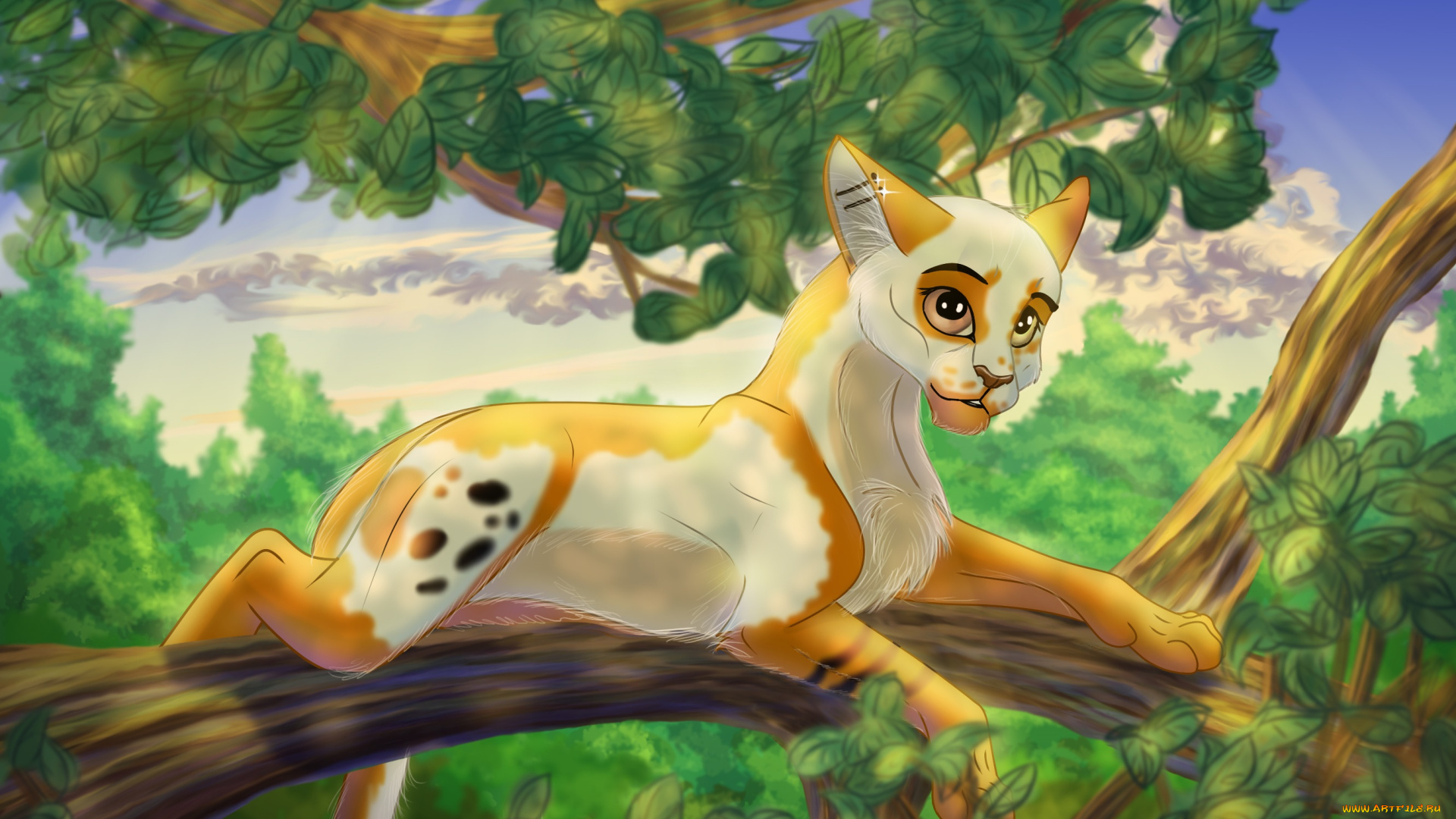 рисованное, животные, , коты, взгляд, кот, ветка