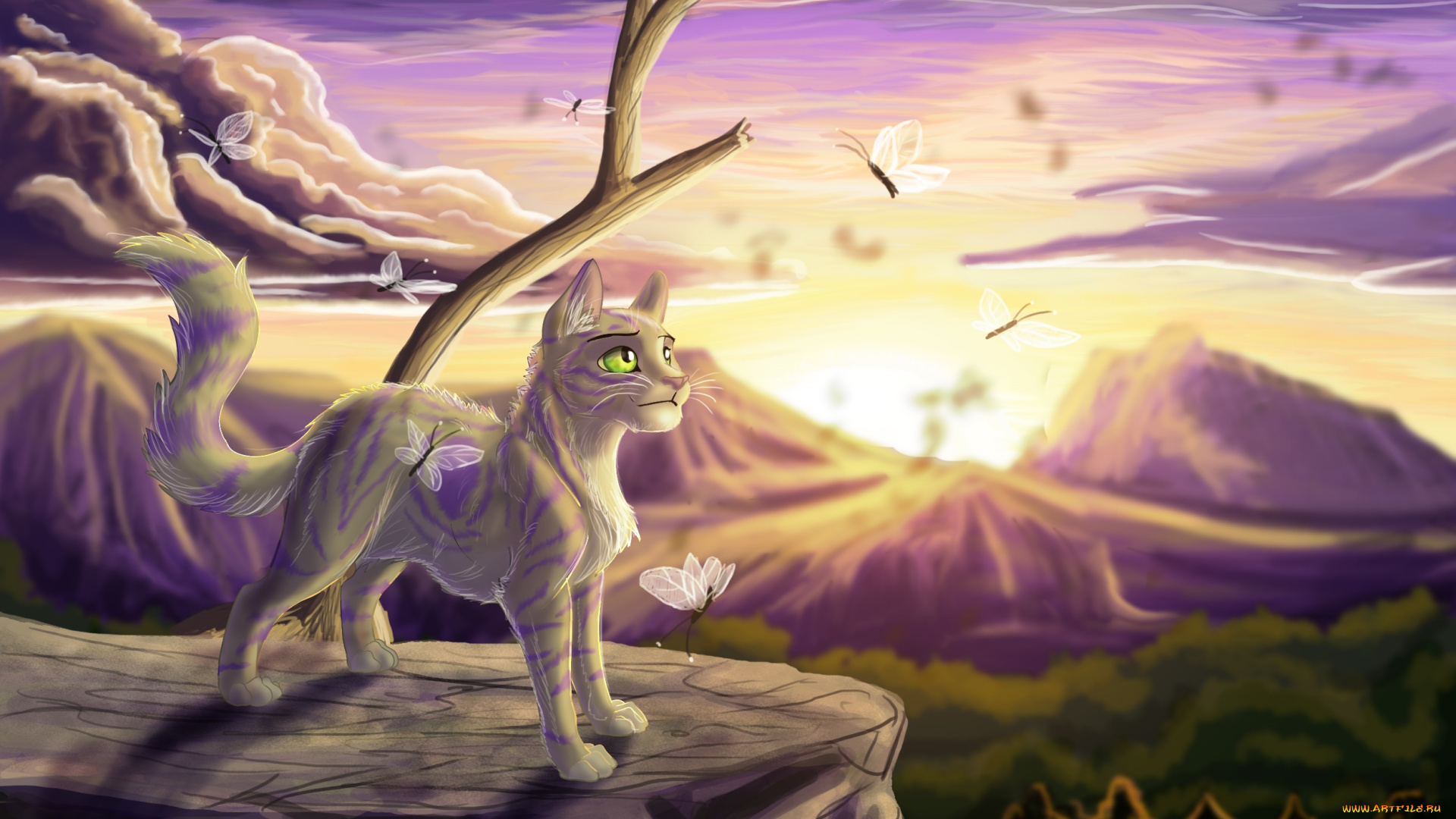 рисованное, животные, , коты, закат, горы, кот