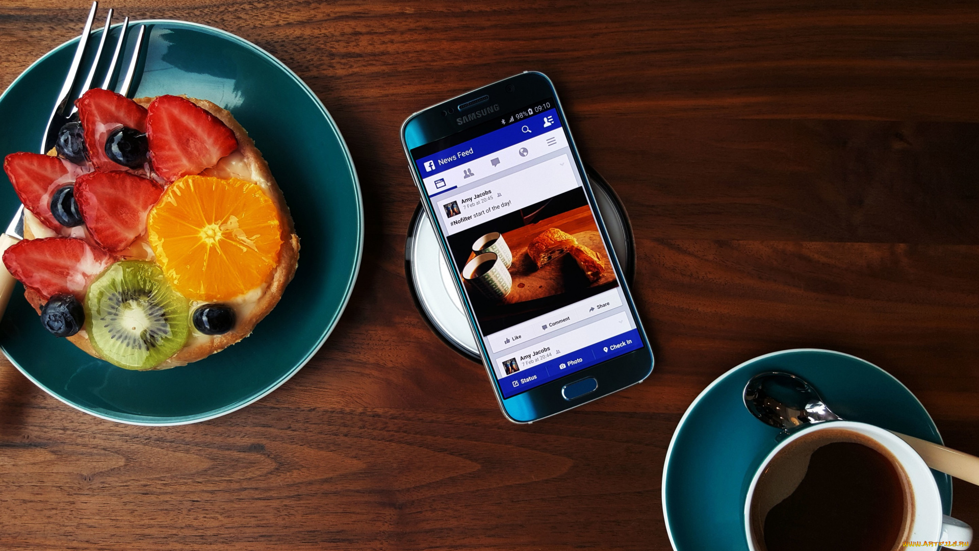 samsung, galaxy, s-6, android, бренды, samsung, чашка, самсунг, фрукты, ложка, кофе, блюдце, вилка, тарелка, еда, десерт, смартфон, телефон