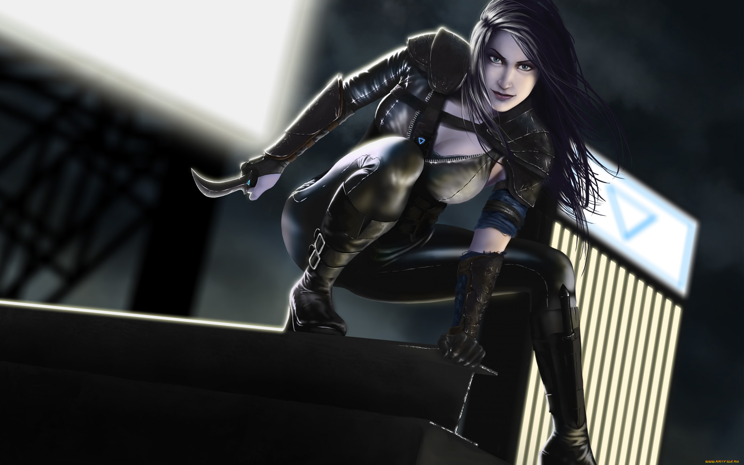 фэнтези, девушки, ночь, девушка, убийца, арт, взгляд, крыша, брюнетка, нож