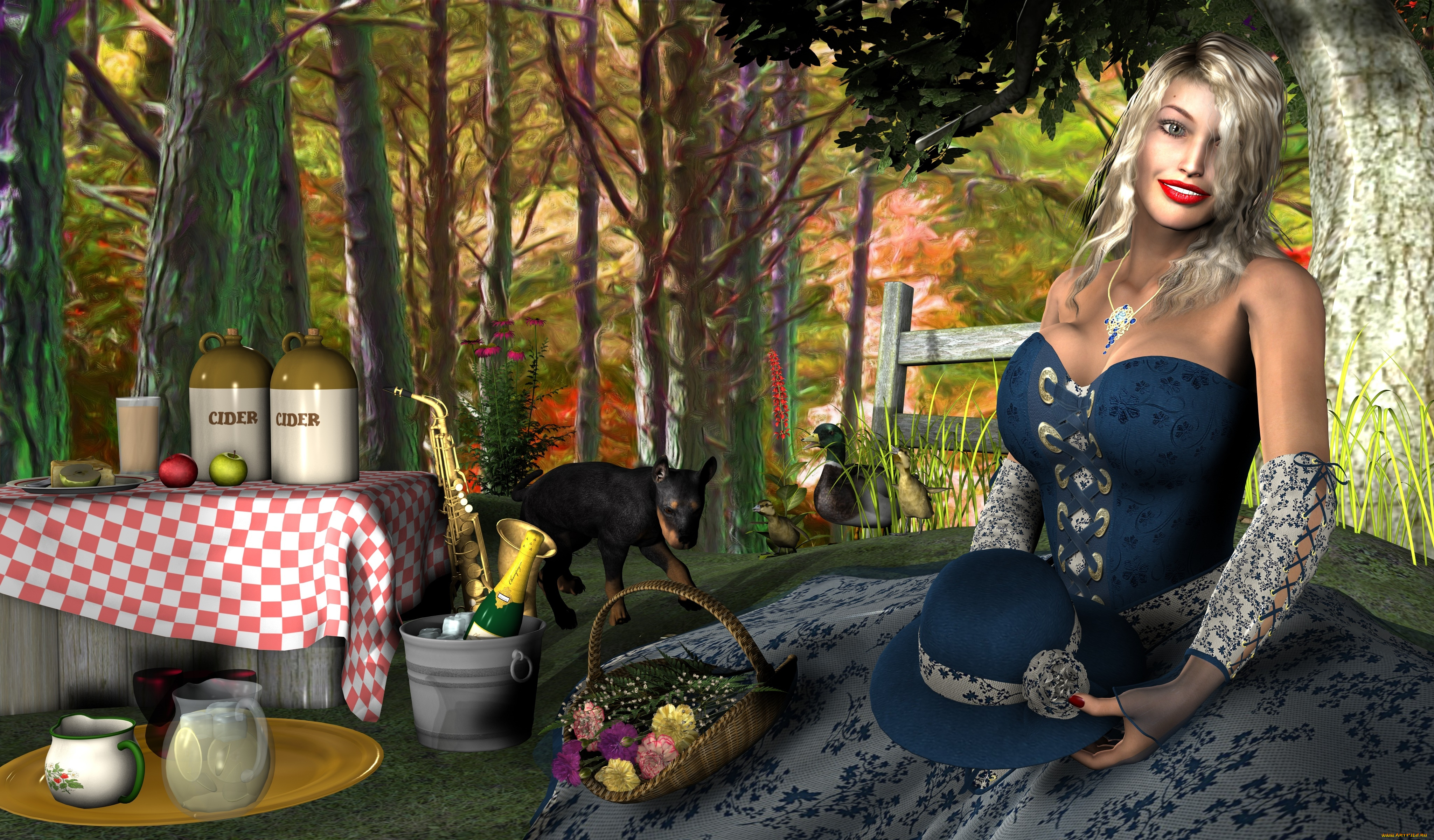 3д, графика, люди, , people, щенок, шляпа, цветы, улыбка, утки, лес, шампанское, фон, взгляд, девушка