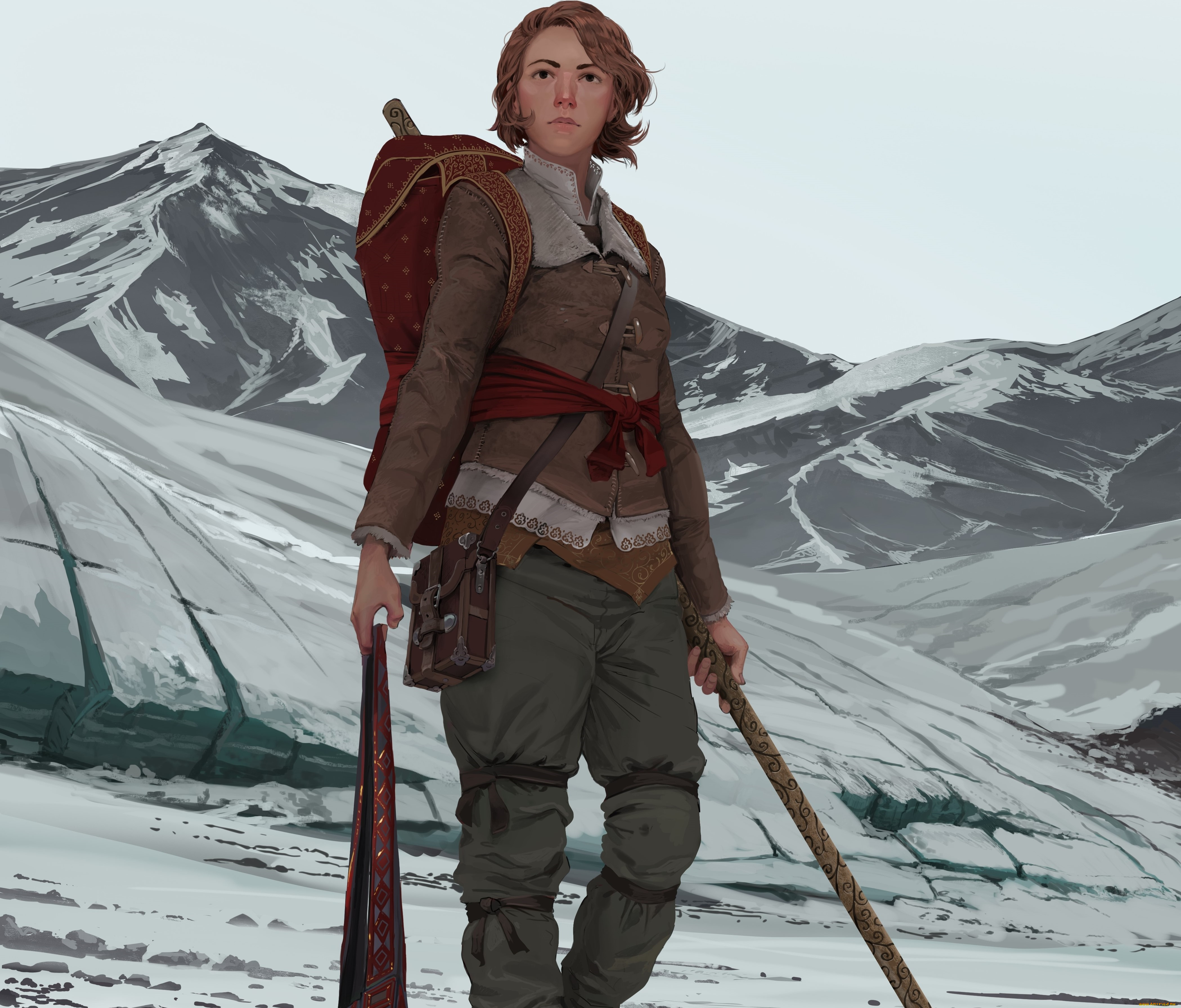 рисованное, люди, снег, горы, фон, взгляд, девушка