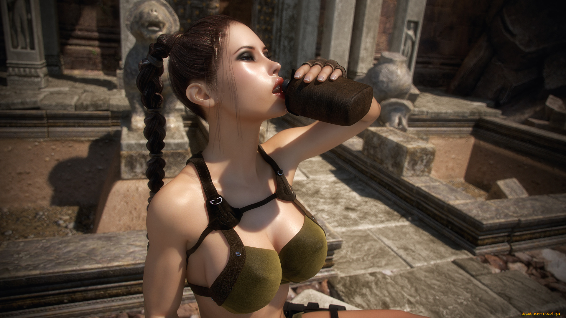 3д, графика, фантазия, , fantasy, взгляд, девушка, lara, croft, фон