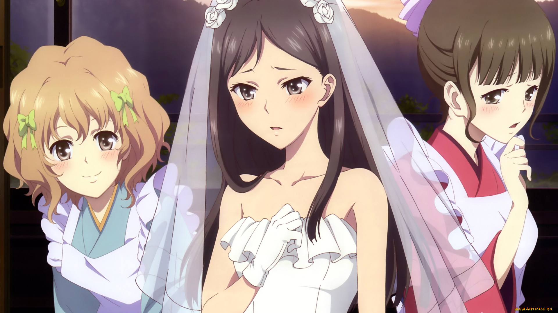 аниме, hana-saku, iroha, девушки, взгляд, фон