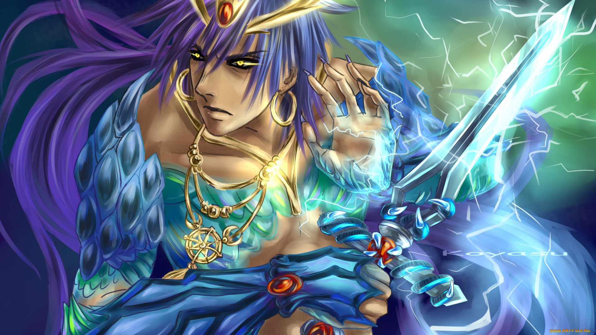 аниме, magi, the, labyrinth, of, magic, арт, koyasu, magi, the, labyrinth, of, magic, sinbad, парень, меч, оружие, магия, электричество