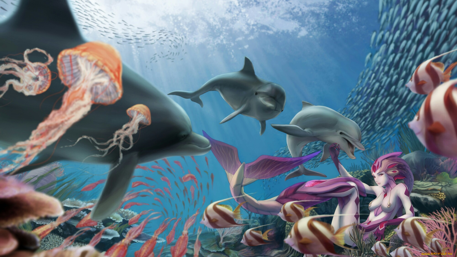 аниме, животные, , существа, русалка, море, под, водой, морские, обитатели, фэнтези
