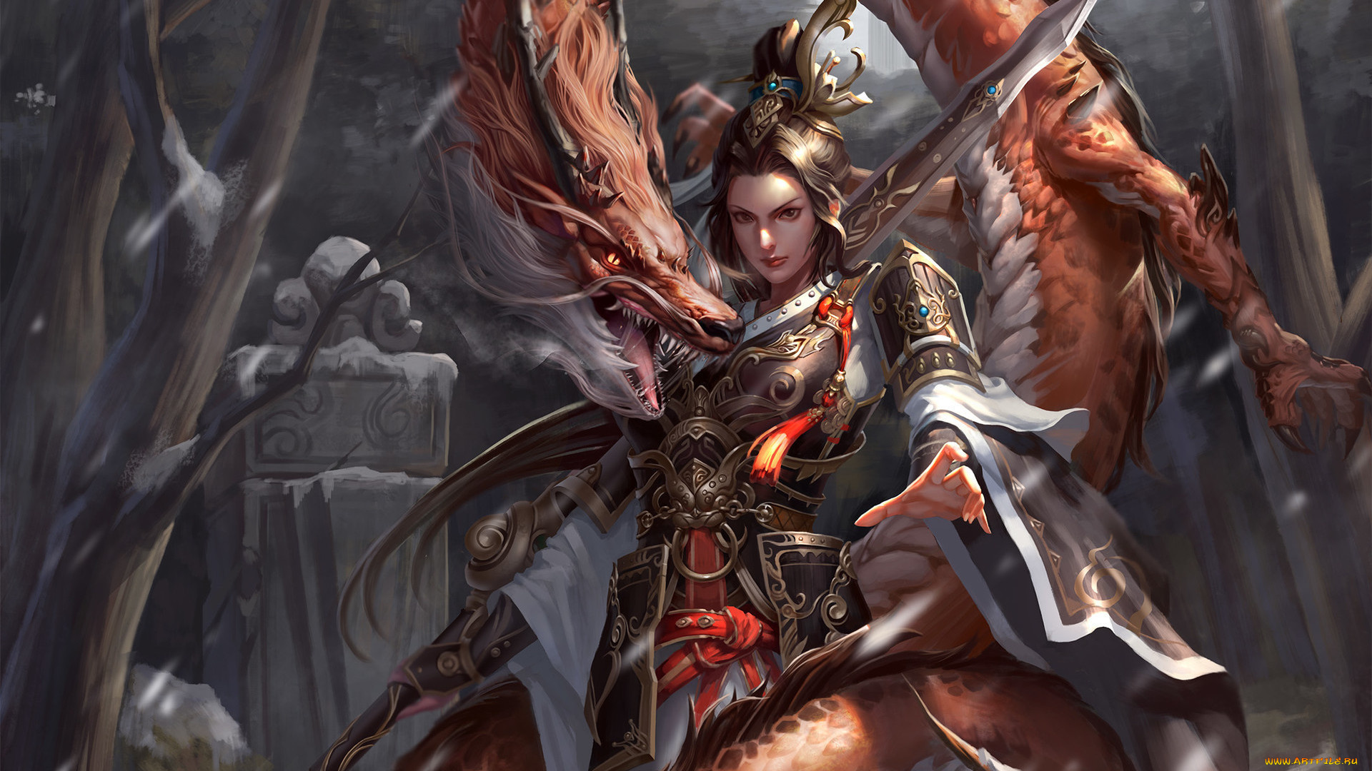 фэнтези, красавицы, и, чудовища, оружие, взгляд, пасть, деревья, снег, дракон, броня, девушка, арт