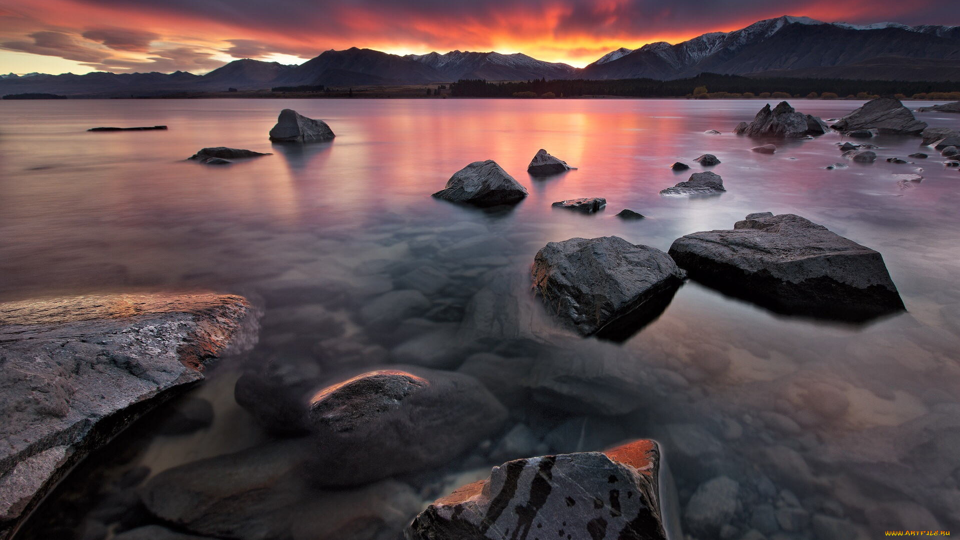 природа, побережье, горы, озеро, камни, закат