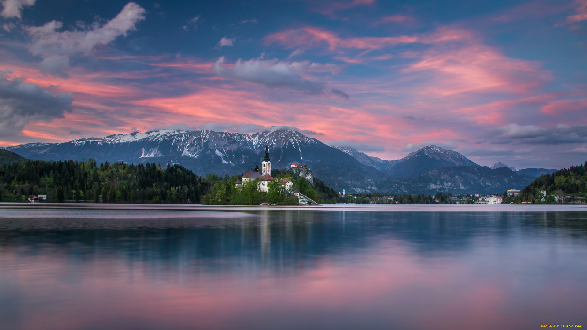 природа, реки, озера, озеро, остров, юлийские, альпы, словения, блед, бледское, закат, горы