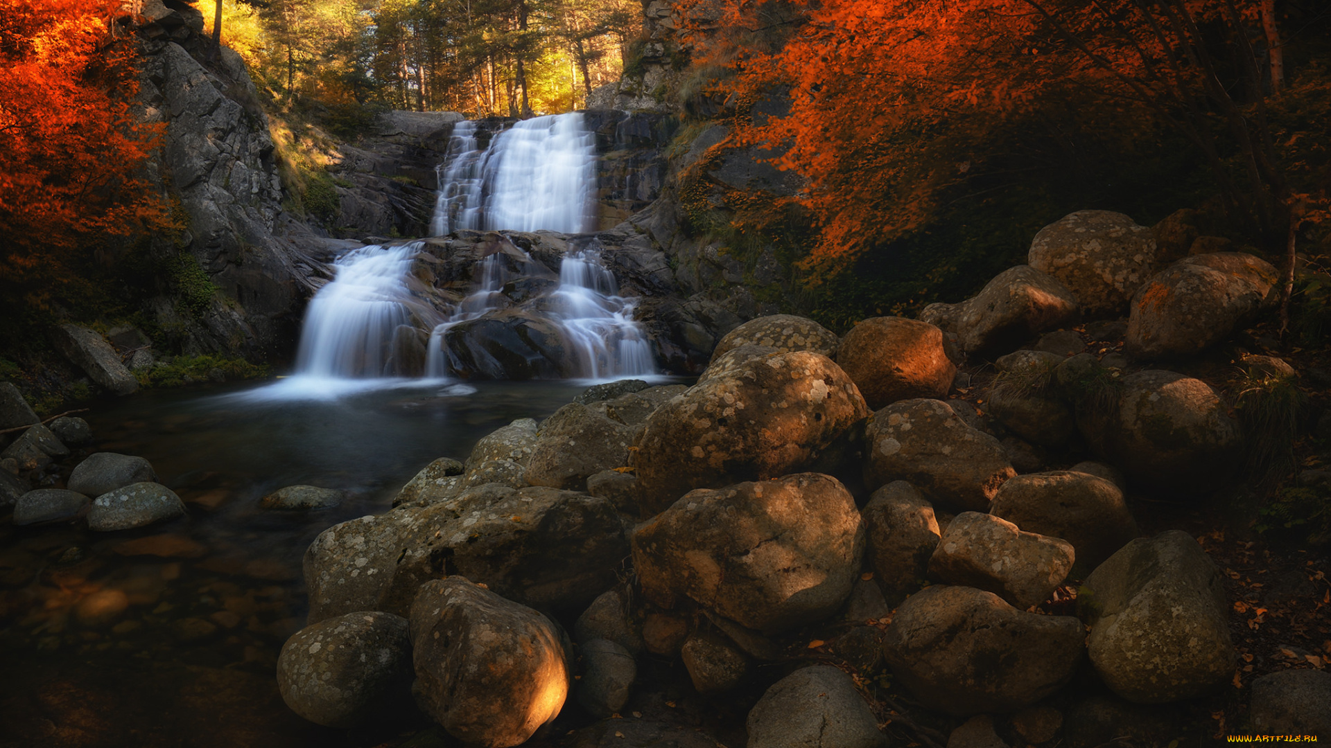 природа, водопады, камни, деревья, листья, водопад