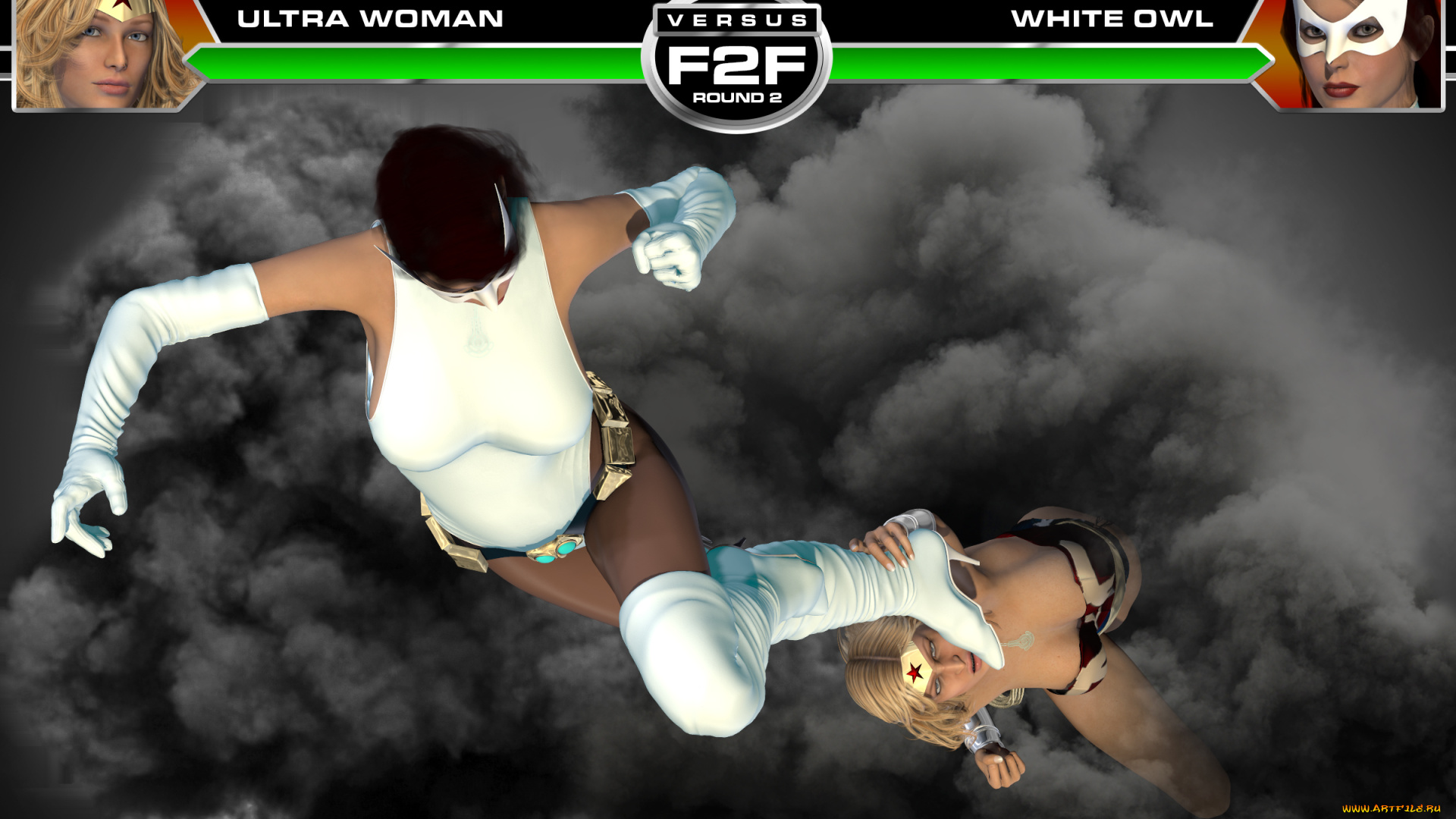 round, 3, , ultra, woman, vs, white, owl, 3д, графика, фантазия, , fantasy, драка, супермены, фон, взгляд, девушки