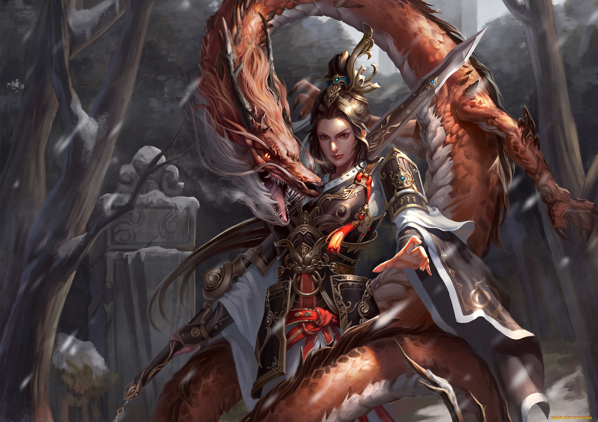 фэнтези, красавицы, и, чудовища, оружие, взгляд, пасть, деревья, снег, дракон, броня, девушка, арт