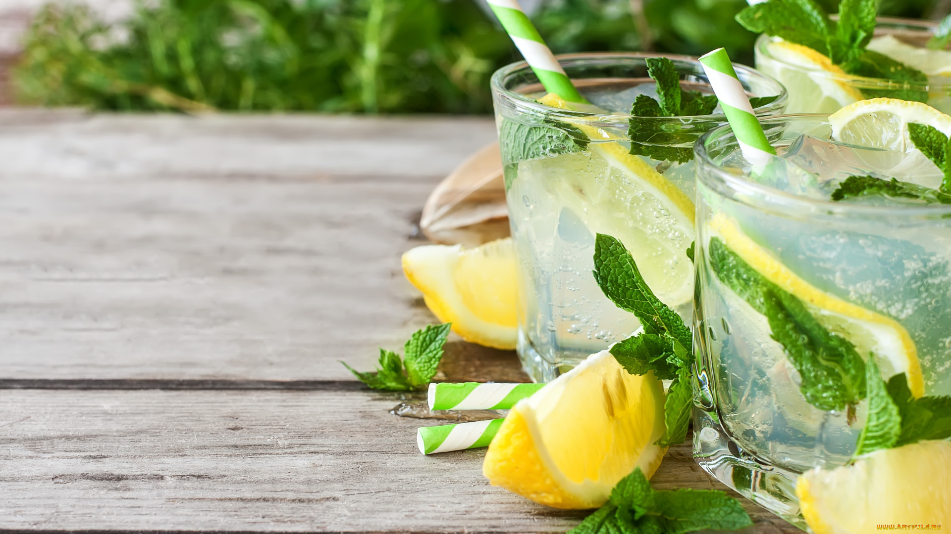 еда, напитки, мята, лимонад, стаканы, доски, трубочки, напиток, лед, лимон