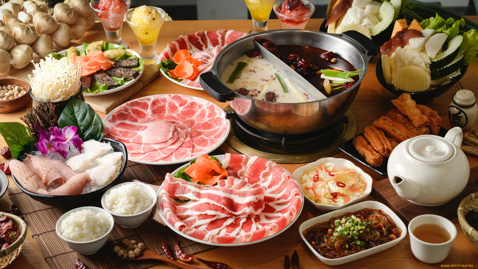 еда, разное, мясо, десерт, овощи, рис, чай, ассорти