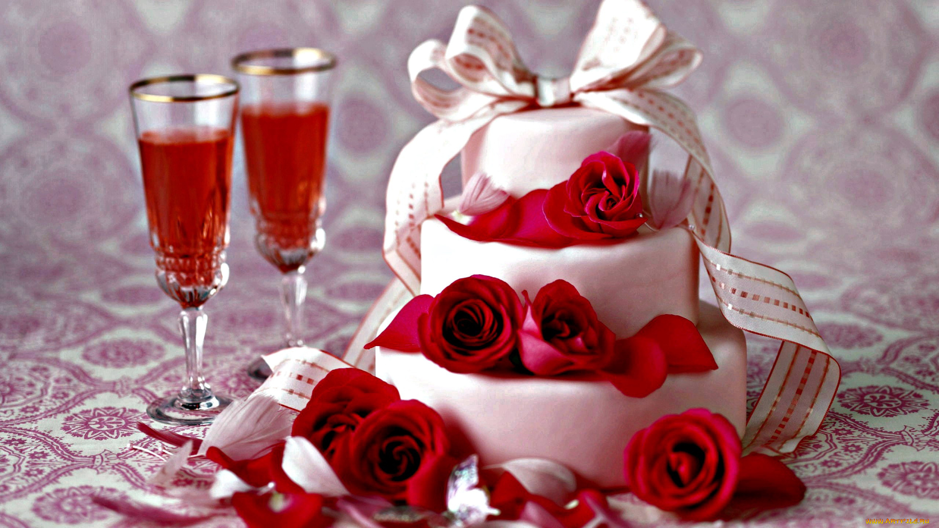 еда, торты, розы, бант, торт, вино