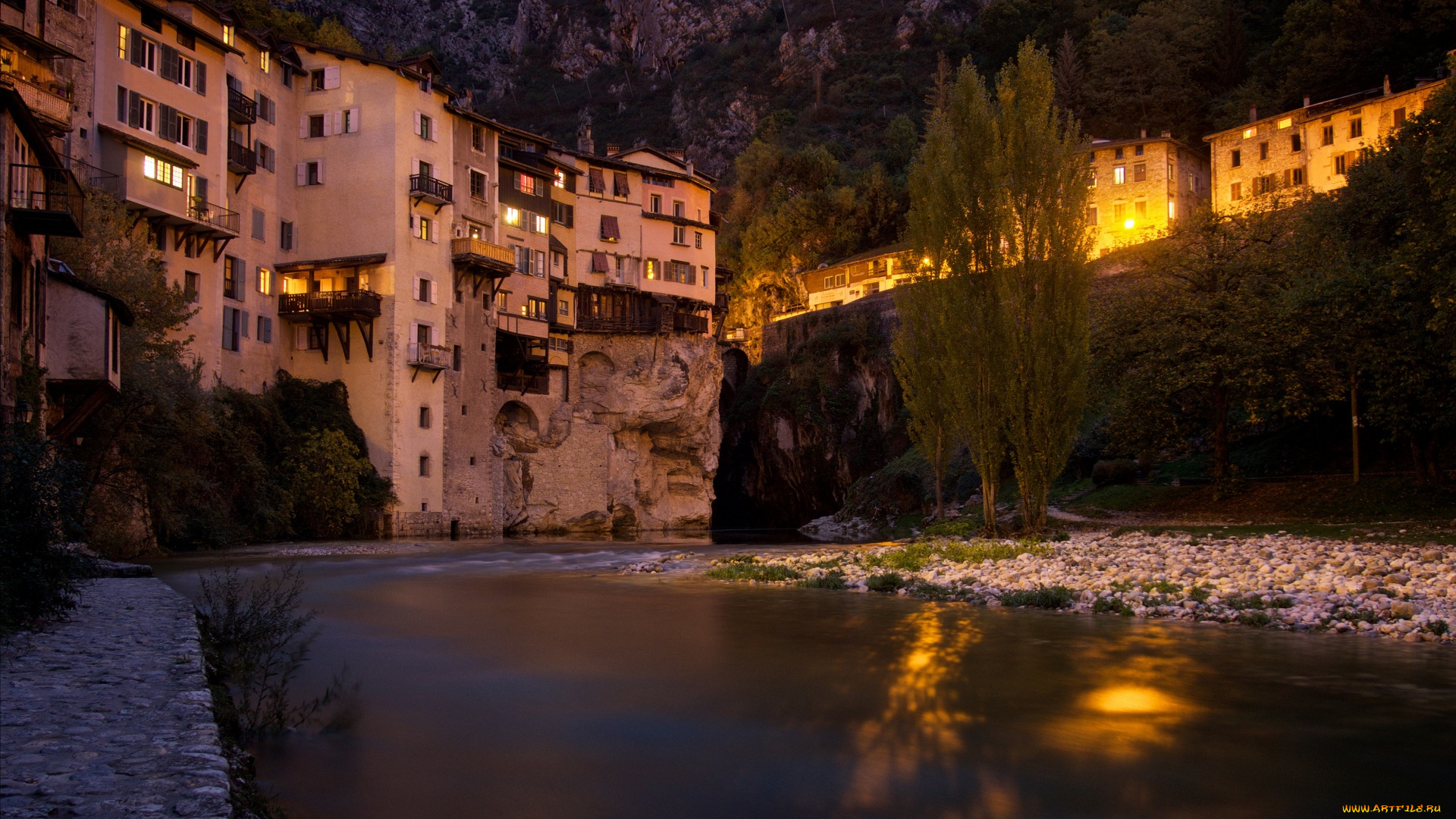 города, -, огни, ночного, города, здания, вода, деревья