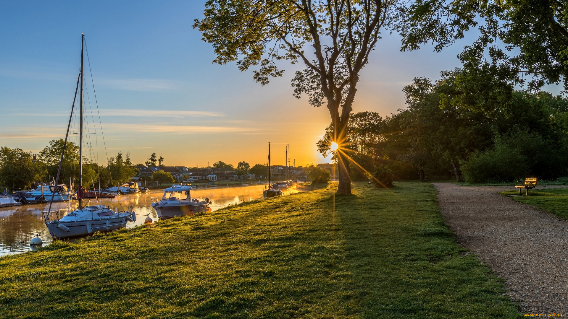 корабли, Яхты, деревья, трава, вода, аллея