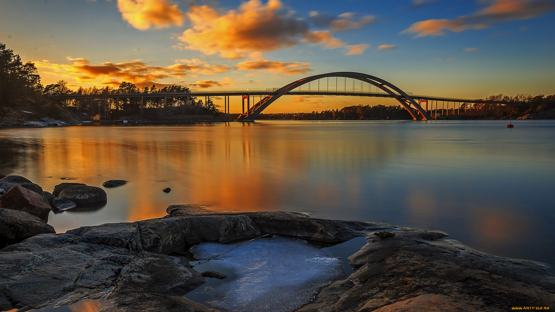 природа, реки, озера, камни, облака, мост