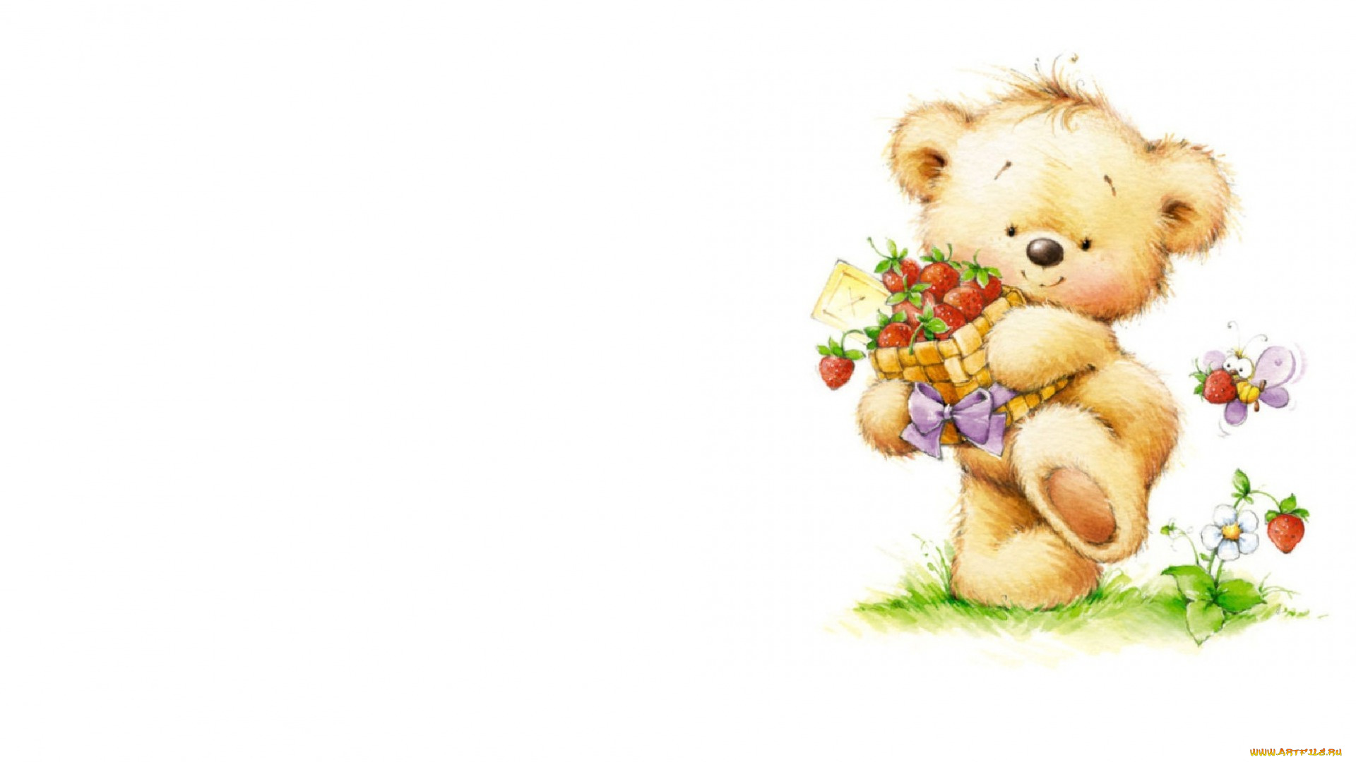 рисованное, мишки, тэдди, лукошко, пчела, бант, земляника
