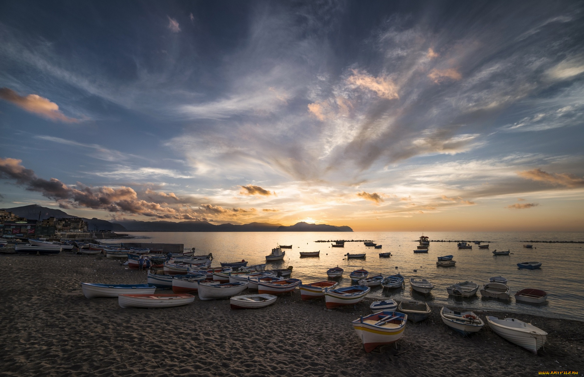 корабли, лодки, , шлюпки, облака, море, песок