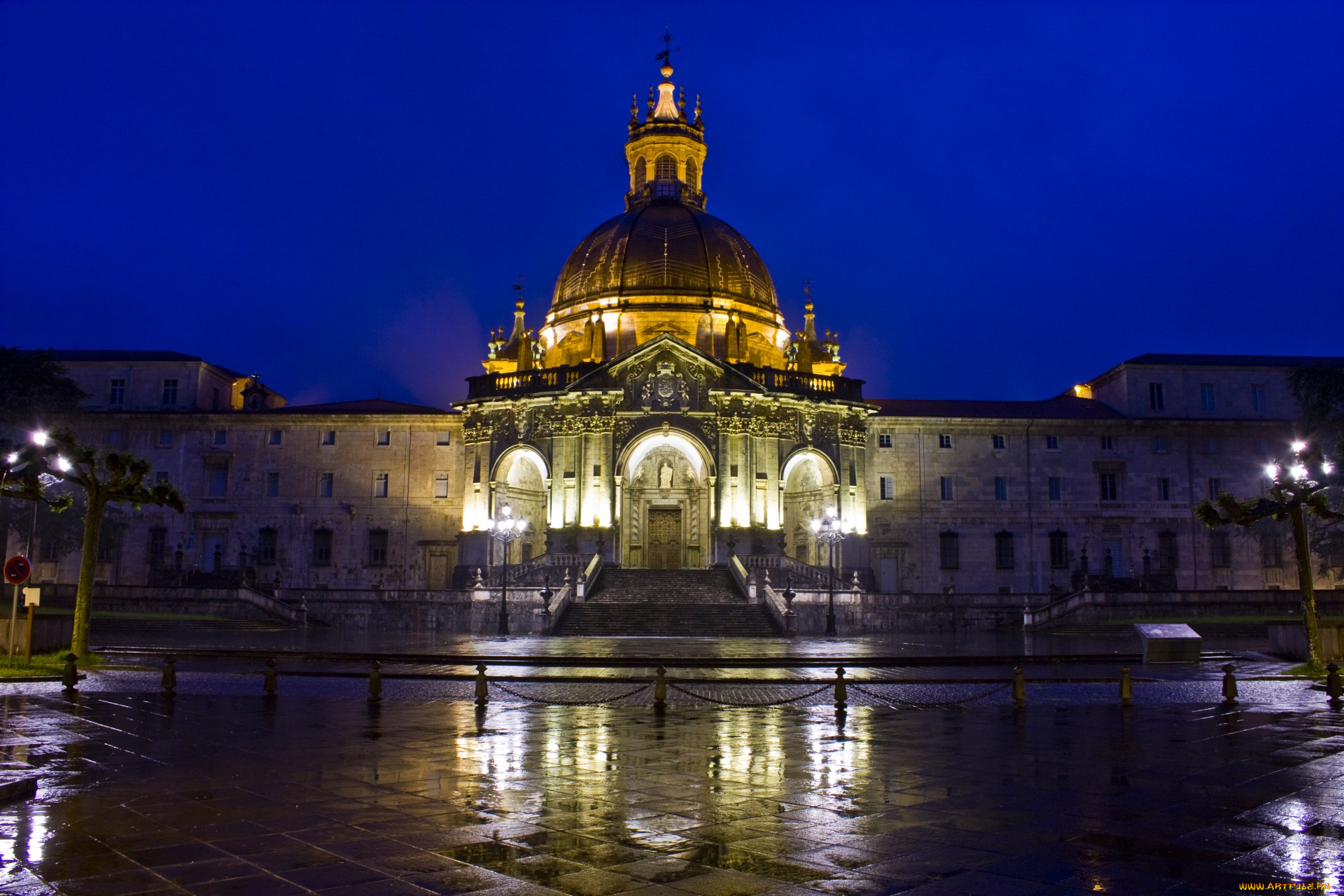 испания, города, -, огни, ночного, города, площадь, фонарь, собор, храм