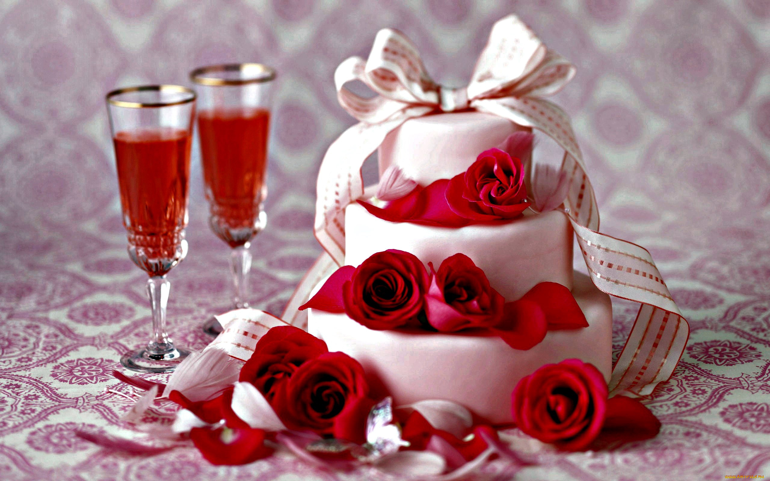 еда, торты, розы, бант, торт, вино