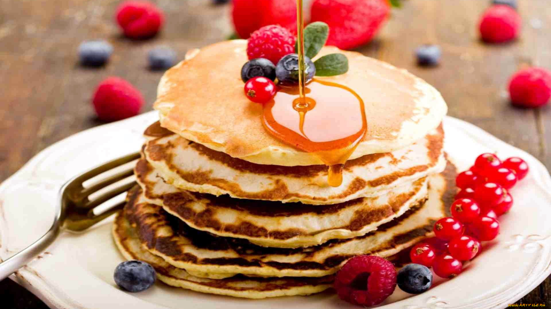еда, блины, , оладьи, мед, оладьи