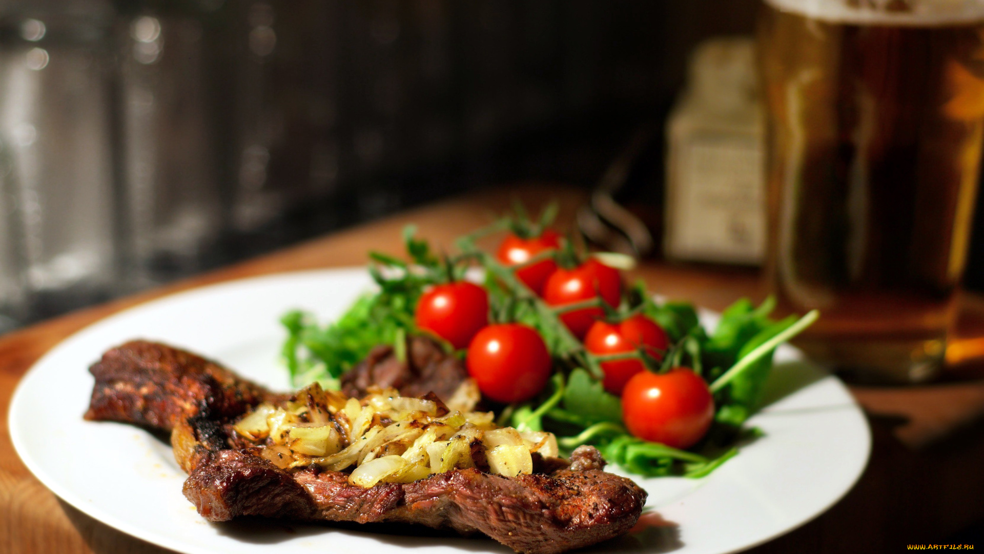 еда, мясные, блюда, помидоры, лук, мясо, отбивная, черри